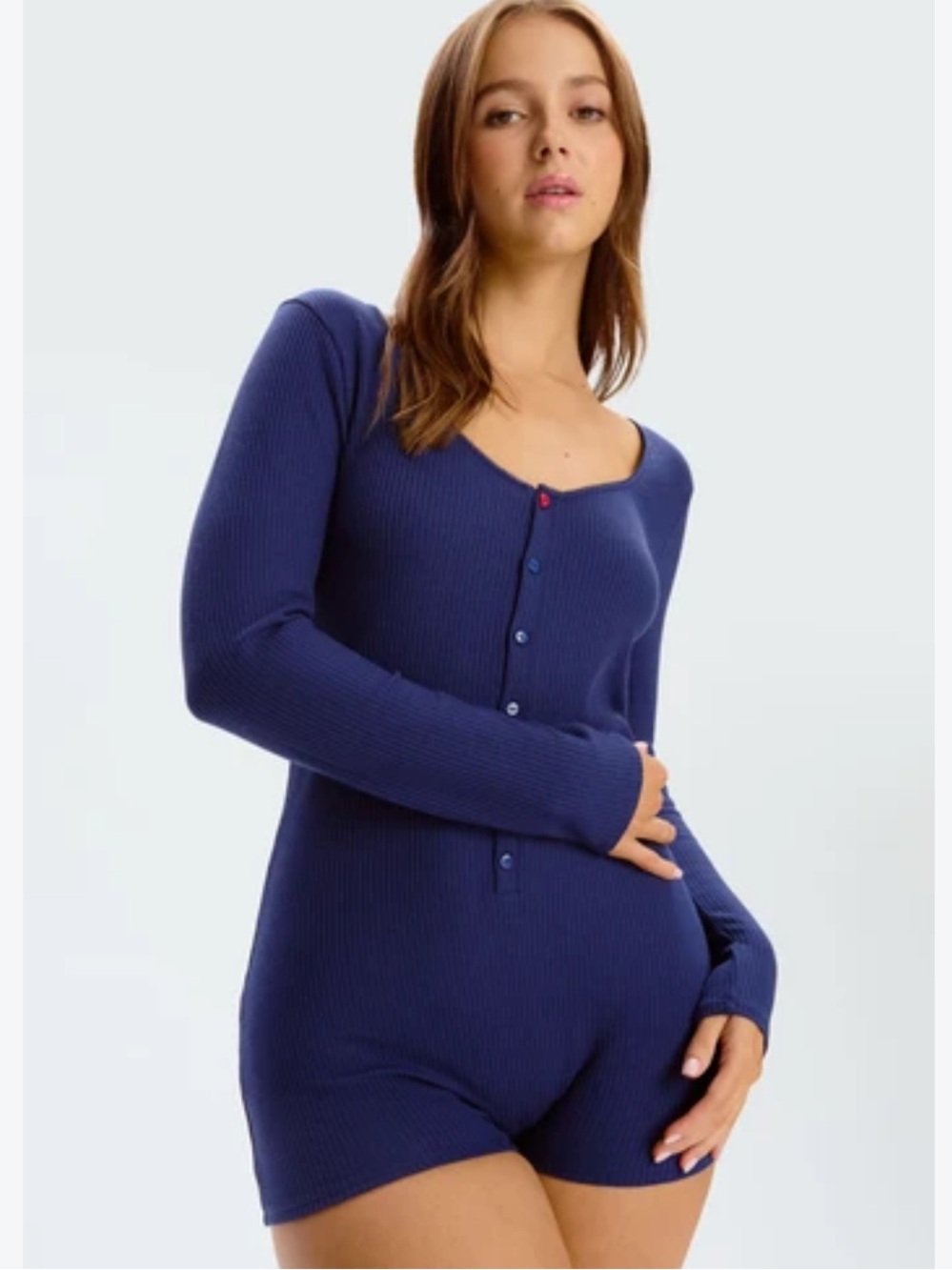 Mailou x Blush Blue Ribbed Long-Sleeve Navy Romper